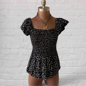 Japna Black Floral Puff-Sleeve Square-Neck Top